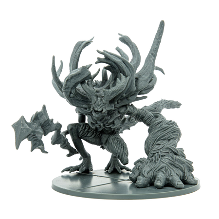 Dark Souls: Manus, Father Of The Abyss - Gray detailed plastic miniature of Manus, a monstrous creature with large clawed hands, horned head, and multiple writhing.