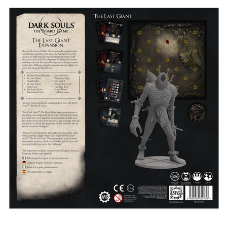 Dark Souls: Last Giant Expansion - Dark Souls Last Giant Expansion board game set with large armored giant miniature and game cards laid out on black background.