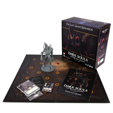 Dark Souls: Last Giant Expansion - Dark Souls Last Giant Expansion box with gray miniature figure, game board, cards, and rulebook featuring dark fantasy.