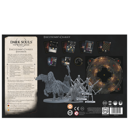 Dark Souls: Executioner's Chariot - Executioner's Chariot board game expansion with game board, character miniatures, cards, and rulebook on black background.