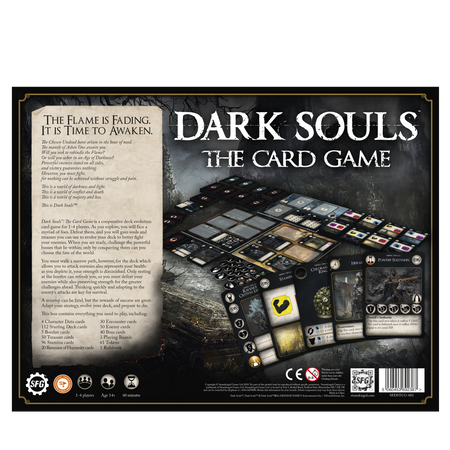Dark Souls: The Card Game - Dark Souls card game box back featuring detailed game setup with cards, tokens, and board elements on a dark textured.
