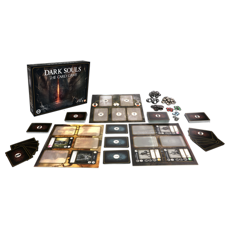 Dark Souls: The Card Game - The Card Game box with cards, player boards, tokens, and dice laid out on a white surface.