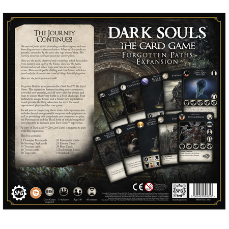 Dark Souls: CG: Forgotten Paths - Dark Souls card game expansion box back featuring game rules, five character cards, and item illustrations on a dark fantasy .