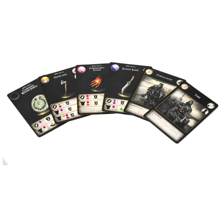 Dark Souls: CG: Forgotten Paths - Dark Souls card game expansion featuring six rectangular cards with dark fantasy artwork and iconographic game stats on.