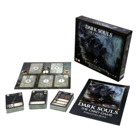 Dark Souls: CG: Forgotten Paths - Dark Souls CG Forgotten Paths expansion box with dark, smoky artwork, cards laid out, and rulebook featuring a warrior.