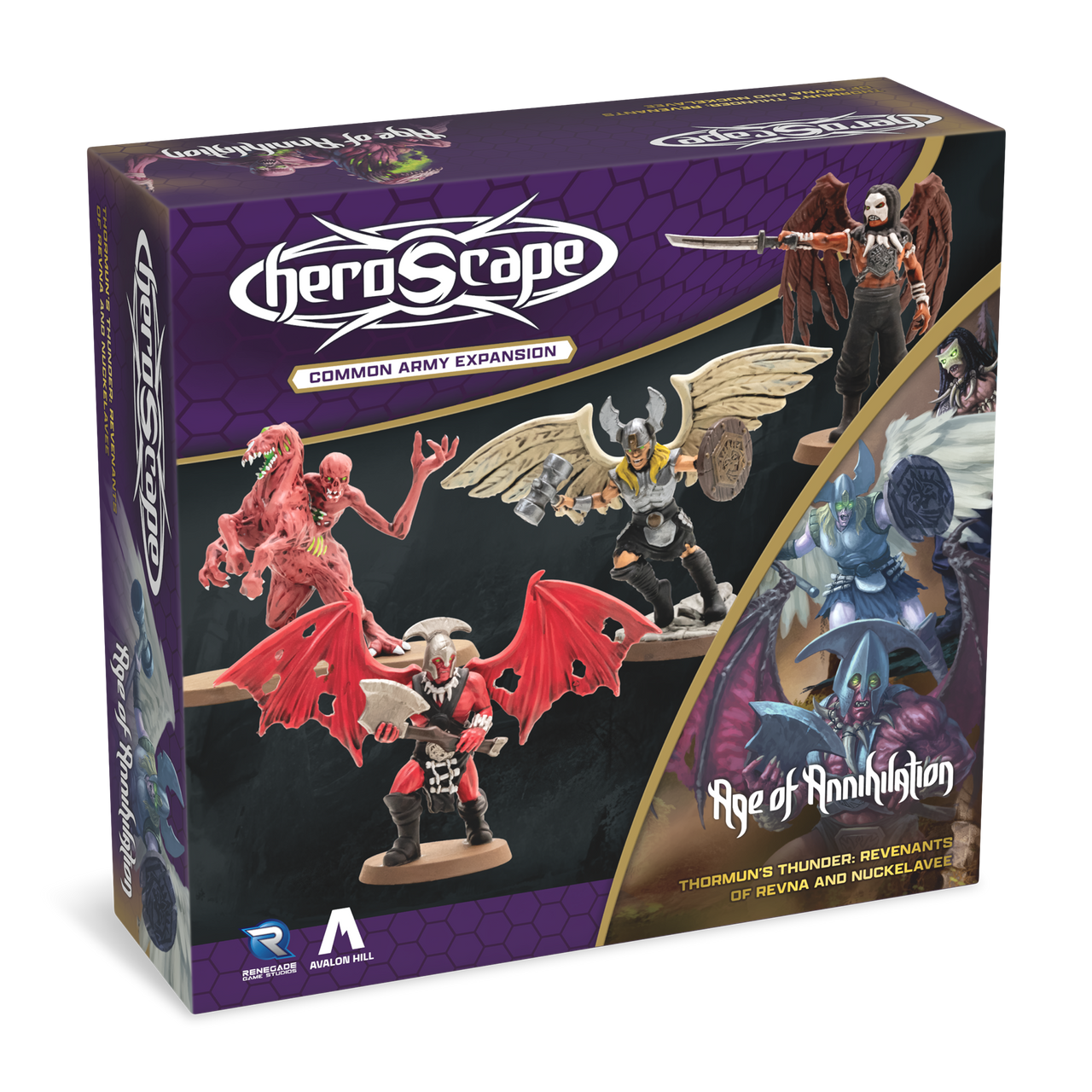 Heroscape: Army Expansion - Revenants of Revna and Nuckelavee (PREORDER) - Heroscape expansion box featuring detailed fantasy miniatures including red-winged demon, skeletal warrior, winged armored.