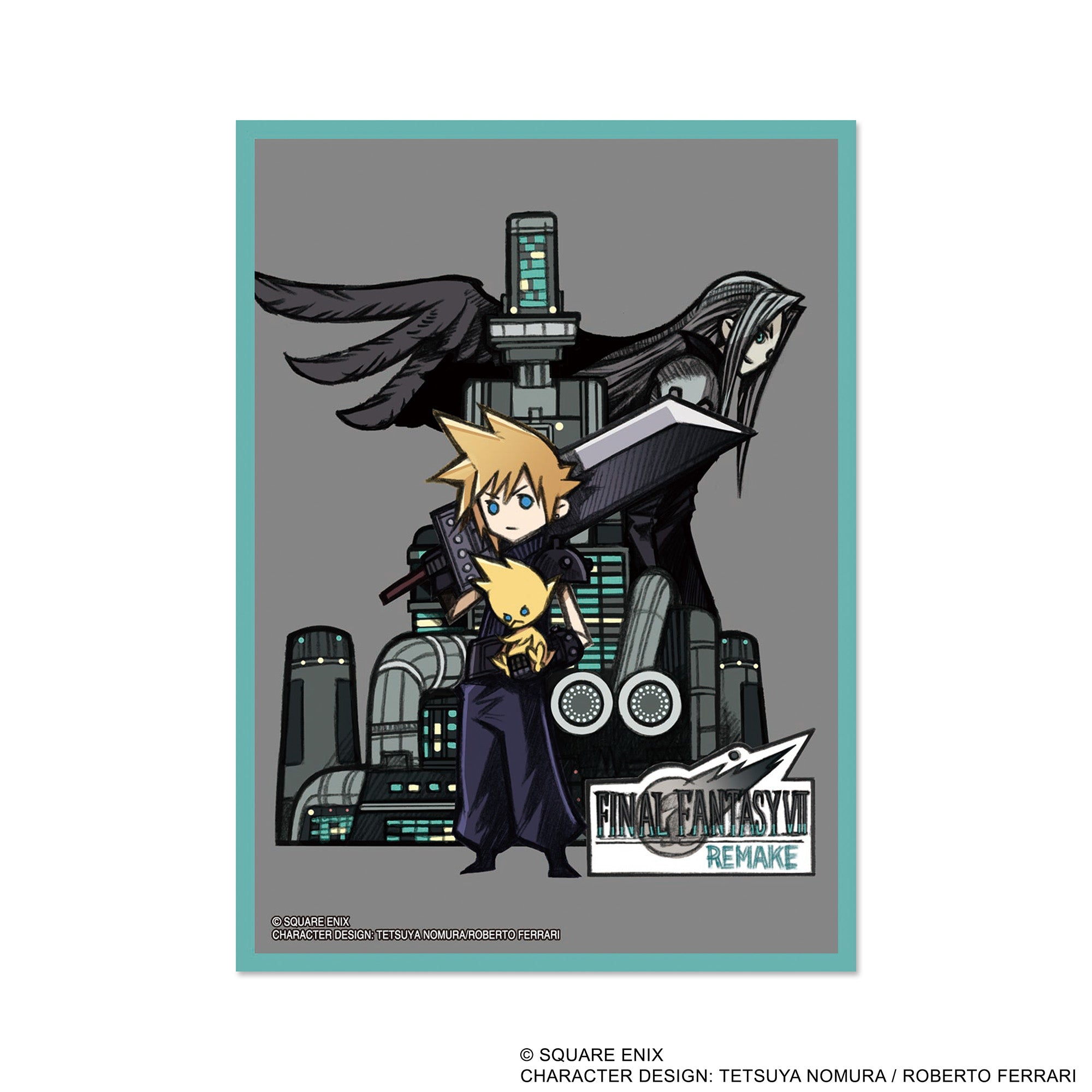 Final Fantasy TCG: Cloud Sleeves 100CT - Rectangular card sleeves with turquoise borders featuring chibi Cloud Strife and Sephiroth characters from Final Fantasy VII
