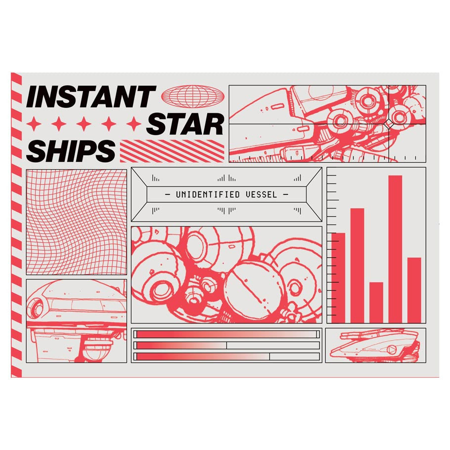 Instant Star Ships Card Deck (PREORDER) - Card deck packaging with red and black sci-fi ship sketches, bar graphs, and text on white background.
