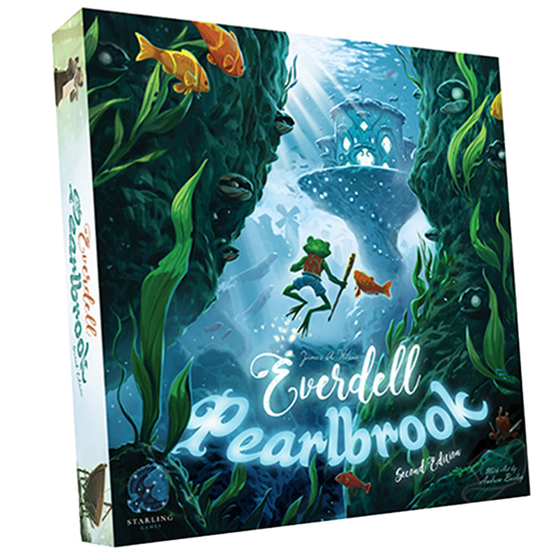 Everdell: Pearlbrook 2nd Edition (PREORDER) - Square board game box with underwater fantasy artwork featuring a frog and fish, titled Everdell Pearlbrook Second Edition.