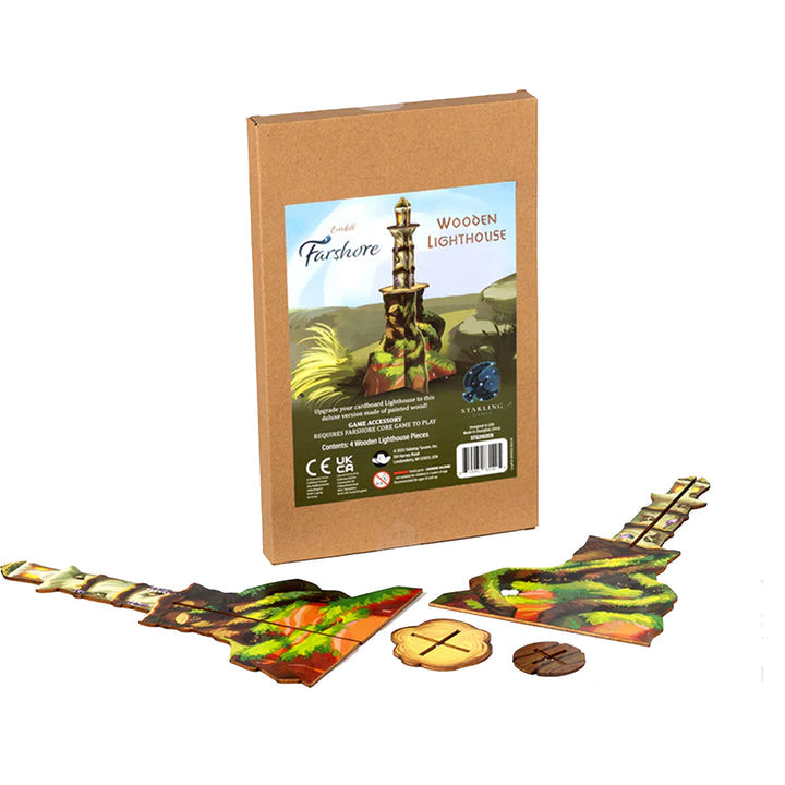 Everdell: Farshore Wooden Lighthouse (PREORDER) - Cardboard box packaging showing illustrated wooden lighthouse and scattered game pieces including scenic board sections and.