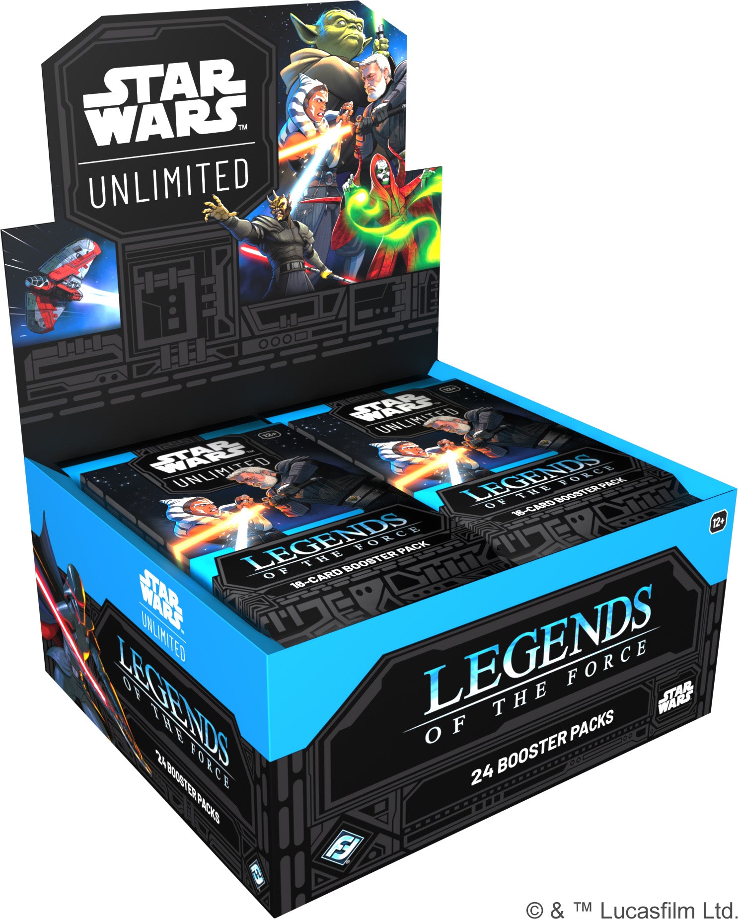 Star Wars: Unlimited - Legends of the Force - Booster Box - Star Wars Unlimited Legends of the Force booster box with illustrated Star Wars character artwork on black and blue.