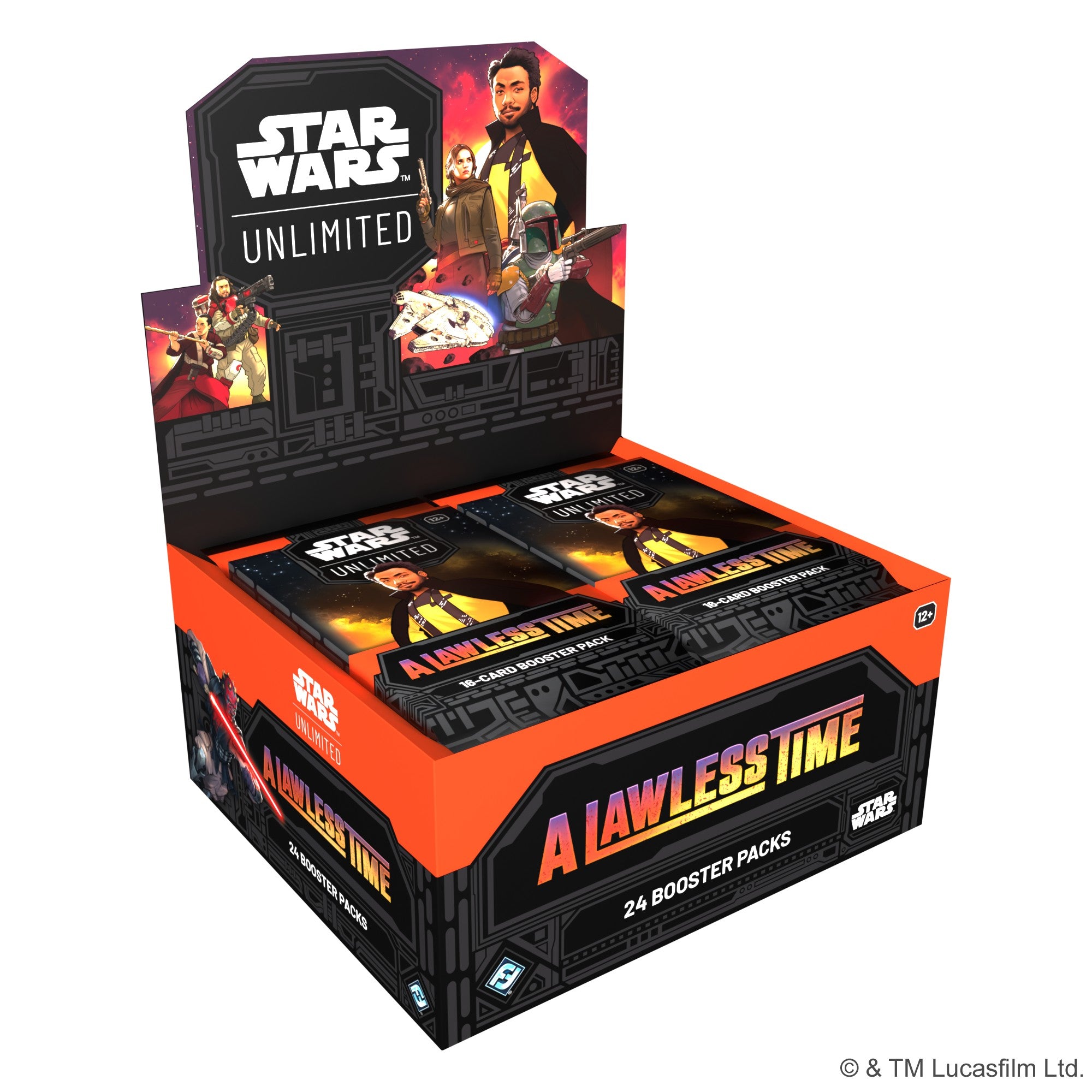 Star Wars: Unlimited - A Lawless Time Booster Box (PREORDER) - Unlimited A Lawless Time booster box with character art and 24 booster packs displayed upright.