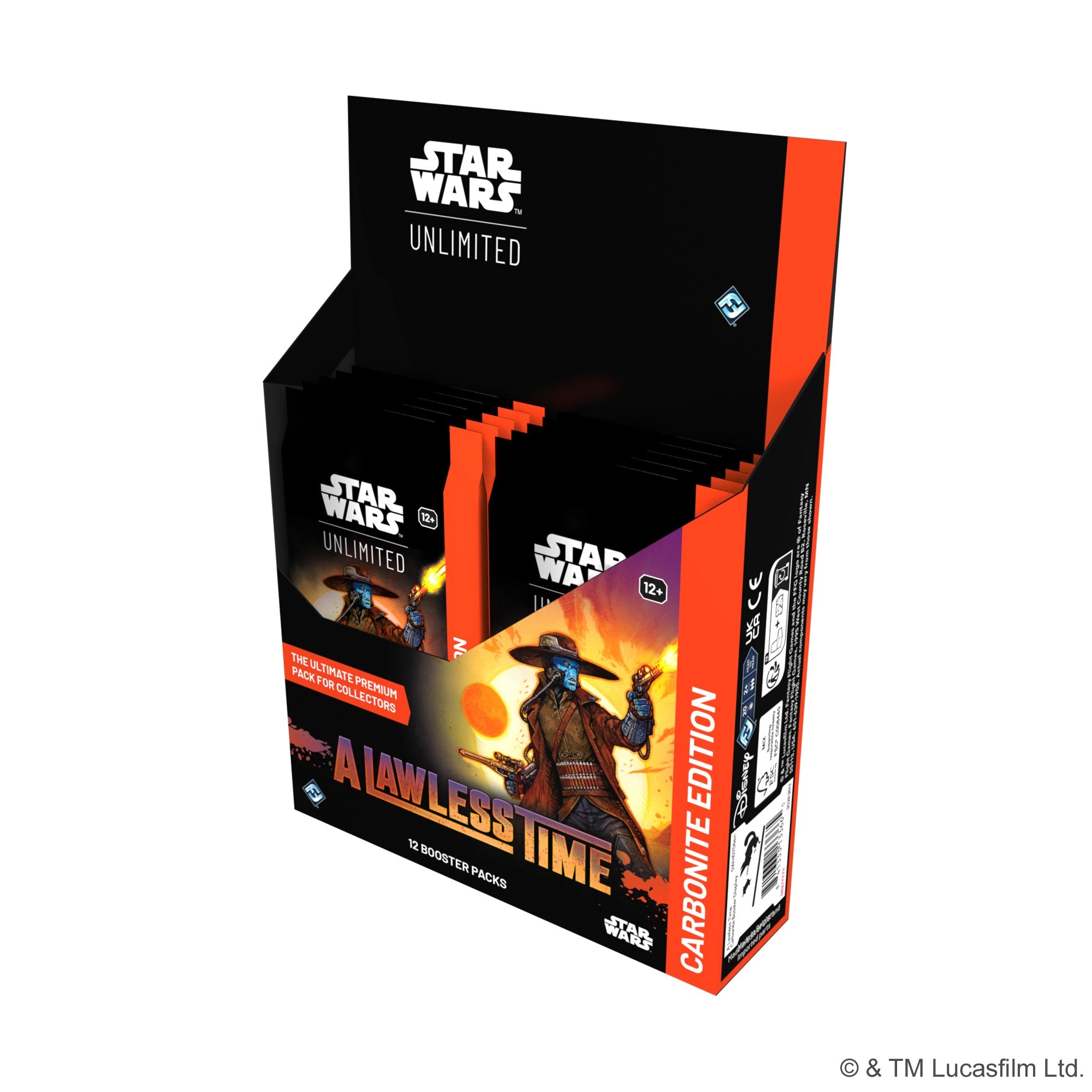 Star Wars: Unlimited - A Lawless Time Carbonite Booster Display (PREORDER) - Star Wars Unlimited booster display box with black and orange design featuring a character in a desert outfit holding a.