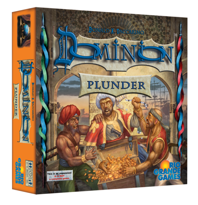 Dominion: Plunder - Dominion Plunder board game box with pirate-themed artwork and gold coins on front.