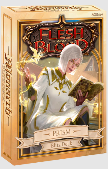 Flesh and Blood - Monarch - Blitz Deck - Prism - Flesh and Blood Monarch Prism Blitz Deck box featuring white-haired character reading a glowing book on gold and cream.