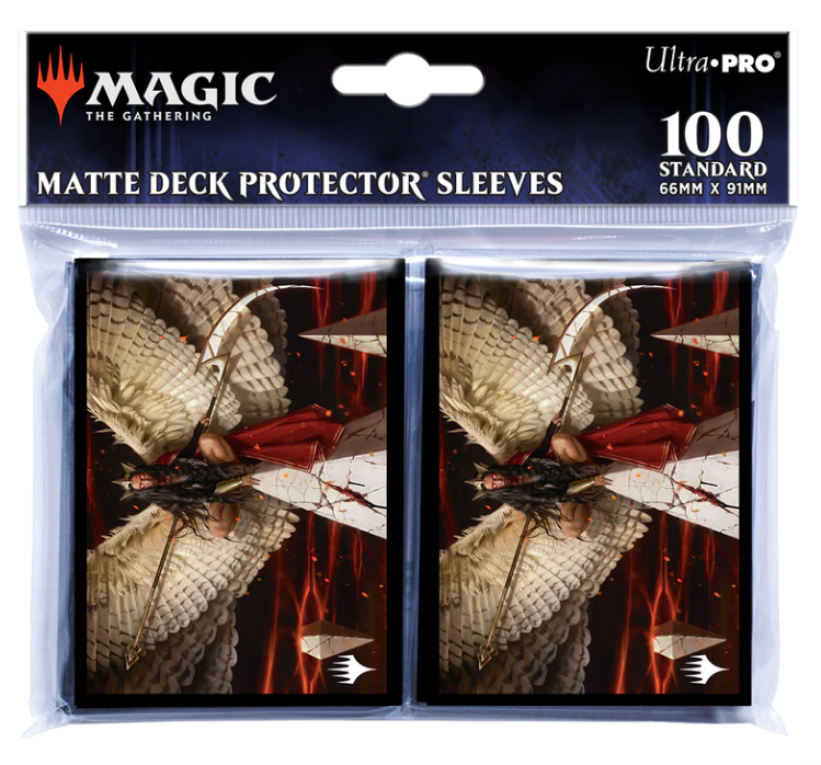 Ultra Pro Sleeves - MTG March of the Machine D - Matte card sleeves featuring detailed fantasy artwork with a winged figure in earth tones, 100 pack in retail packaging.