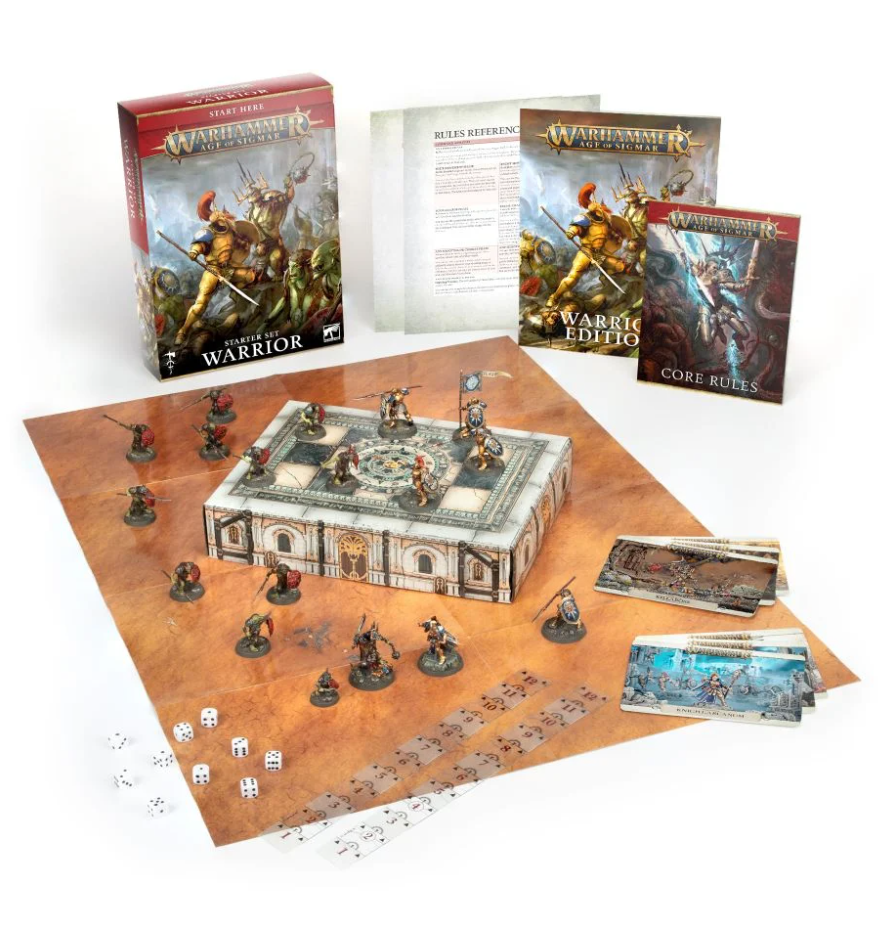 Warhammer Age of Sigmar - Warrior Starter Set - Warhammer Age of Sigmar Warrior Starter Set with miniatures, terrain piece, dice, rulebooks, and cards on game mat.