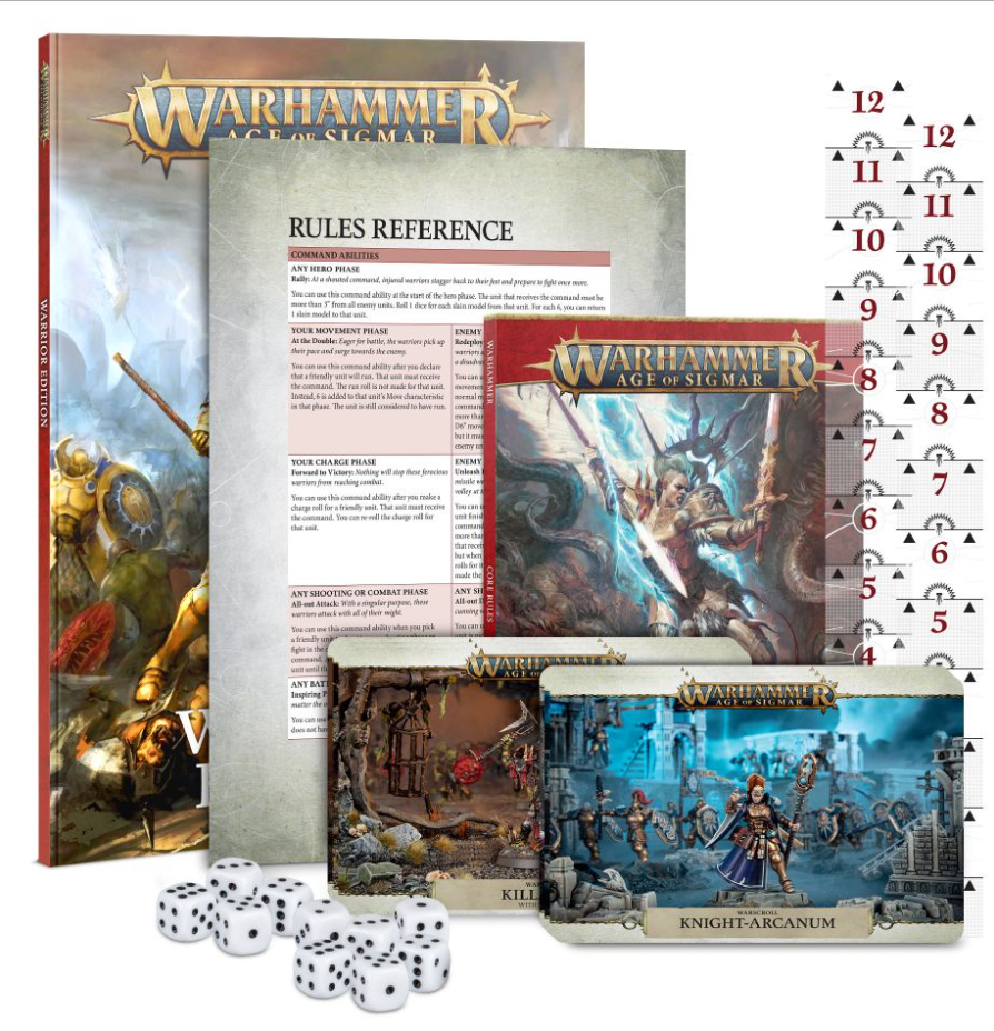 Warhammer Age of Sigmar - Warrior Starter Set - Warhammer Age of Sigmar Warrior Starter Set with rulebook, dice, and two illustrated game cards featuring fantasy warriors.