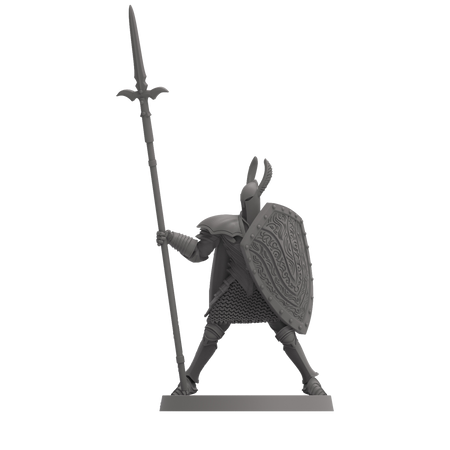 Dark Souls: Explorers Expansion - Gray plastic miniature figurine of an armored knight holding a tall spear and a large round shield.