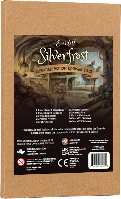 Everdell: Silverfrost Essentials Edition Upgrade Pack (PREORDER) - Everdell Silverfrost Essentials Edition Upgrade Pack box with brown textured background and illustrated label featuring.