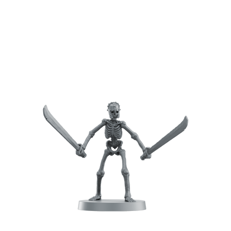 Dark Souls: Executioner's Chariot - Gray plastic miniature figure of a skeletal warrior holding two large curved swords, standing on a round base.