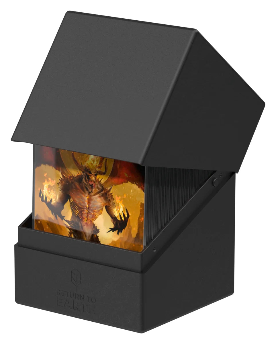 Ultimate Guard Boulder 100+ Return to Earth - Black - Black Ultimate Guard Boulder 100+ card storage box with angled lid open showing fantasy card inside.