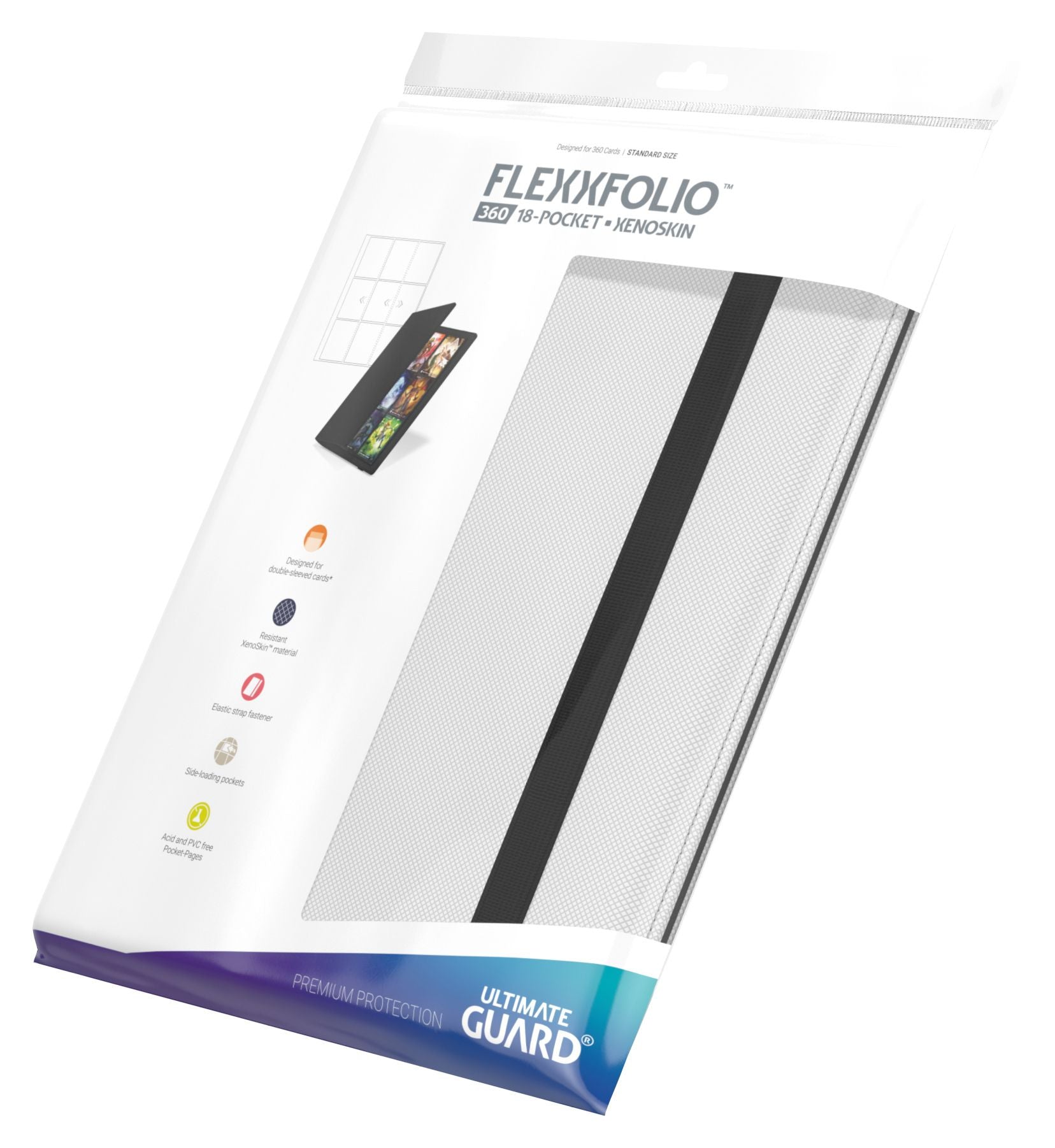 Ultimate Guard 18-Pocket Flexxfolio XenoSkin - White - White 18-pocket binder with black elastic closure and flexible cover in retail packaging.