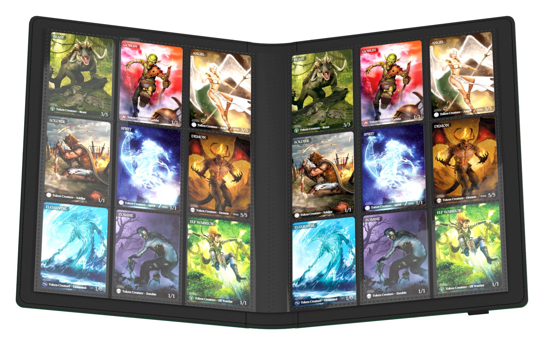 Ultimate Guard 18-Pocket Flexxfolio XenoSkin - Green - Black binder with green textured cover, holding two open pages of card sleeves displaying colorful fantasy-themed cards.