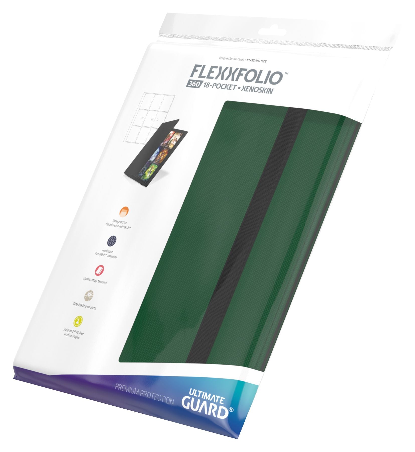 Ultimate Guard 18-Pocket Flexxfolio XenoSkin - Green - Green card binder with 18 pockets, black elastic band, and textured XenoSkin cover in packaging.