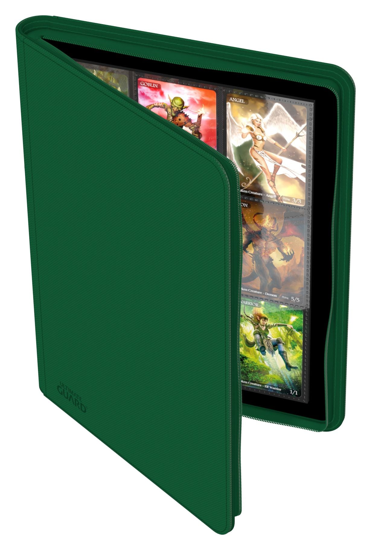 Ultimate Guard 18-Pocket Zipfolio XenoSkin - Green - Green Ultimate Guard 18-pocket Zipfolio XenoSkin card binder showing four card slots with collectible cards inside.