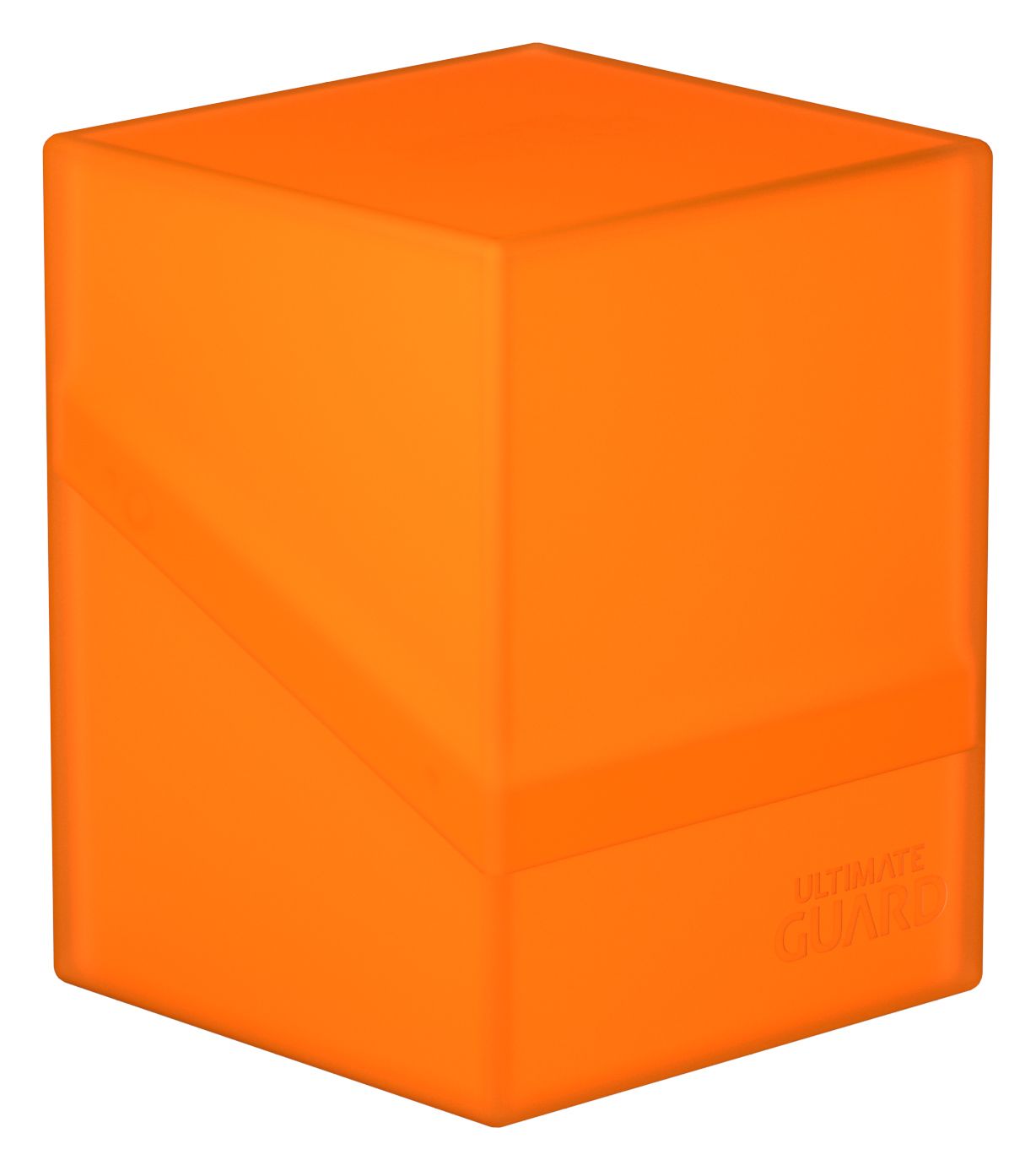 Ultimate Guard Boulder 100+ Deck Case - Poppy Topaz - Bright orange translucent plastic deck case with smooth matte finish and embossed Ultimate Guard logo.