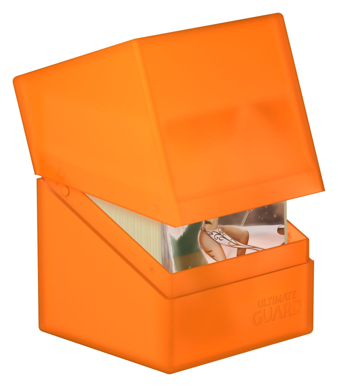 Ultimate Guard Boulder 100+ Deck Case - Poppy Topaz - Bright orange Ultimate Guard Boulder 100+ Deck Case with a partially open lid showing card edges inside.