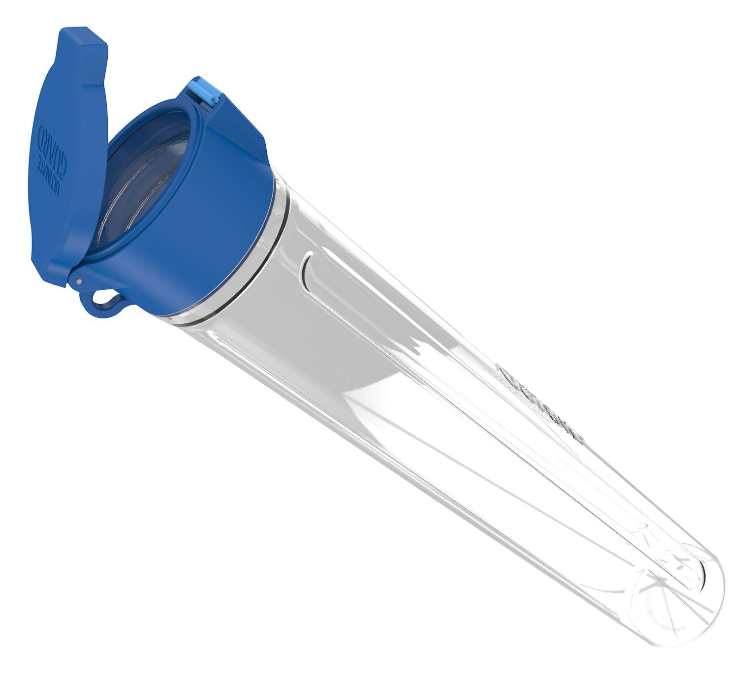Ultimate Guard MatPod - Clear - Clear cylindrical card storage tube with blue hinged lid and latch closure.