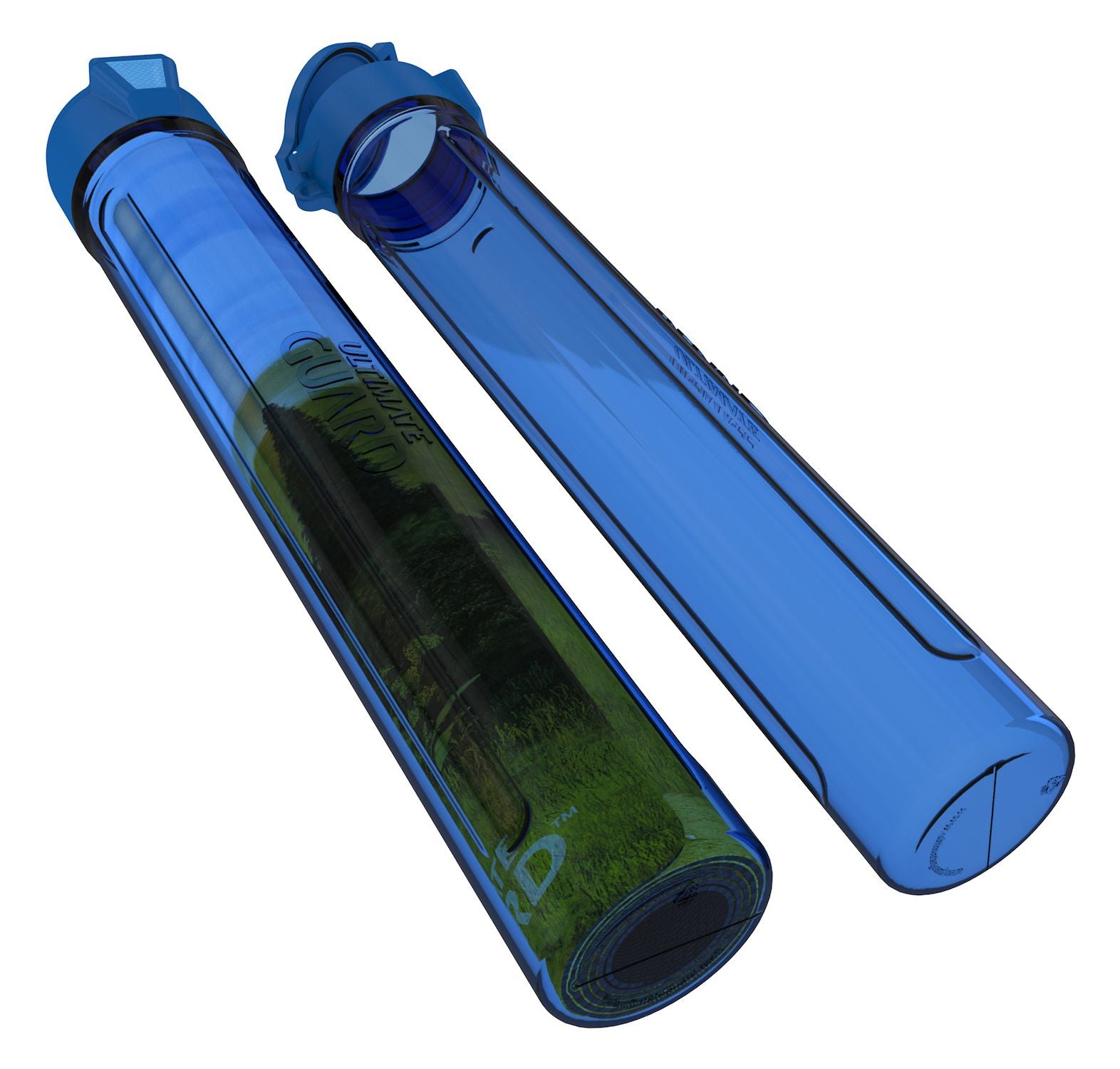 Ultimate Guard MatPod - Blue - Blue cylindrical mat storage tube with secure screw-on cap and transparent window showing rolled playmat inside.