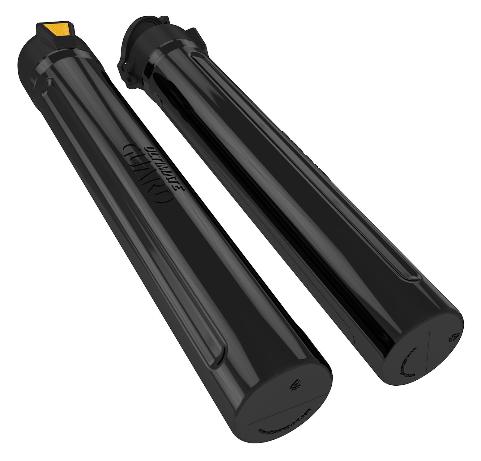 Ultimate Guard MatPod - Black - Black cylindrical hard case with textured grip and yellow accent tab on one end, designed for mat storage.