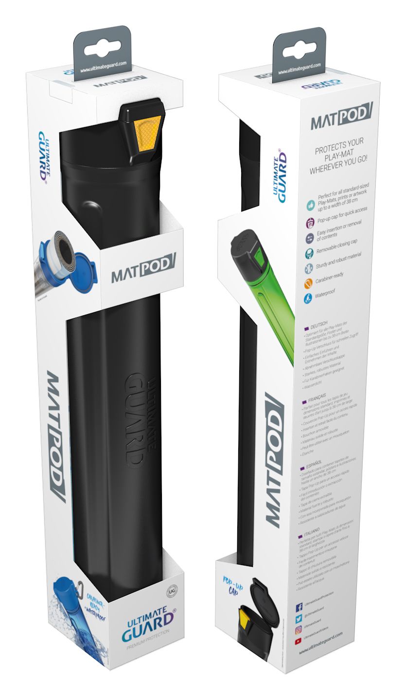 Ultimate Guard MatPod - Black - Tall, slim black roll-up mat storage bag with yellow tab and textured surface in white retail packaging.