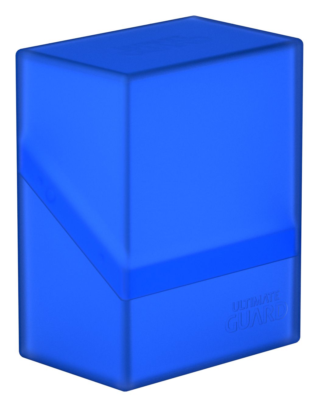 Ultimate Guard Boulder 60+ Deck Case - Sapphire - Sapphire blue translucent card deck case with a secure lid and compact rectangular shape.