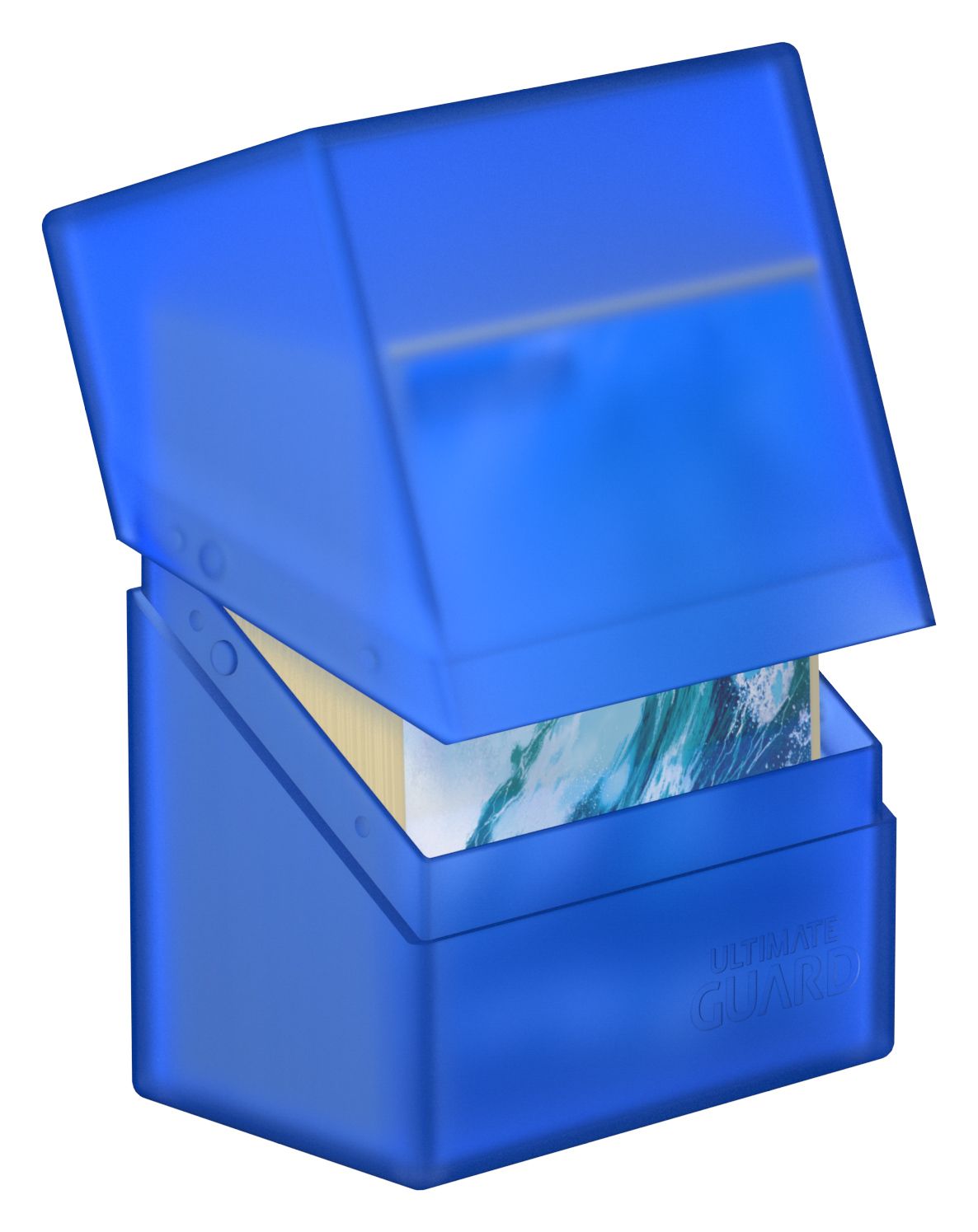 Ultimate Guard Boulder 60+ Deck Case - Sapphire - Sapphire blue translucent plastic card deck case with hinged lid partially open showing colorful cards inside.