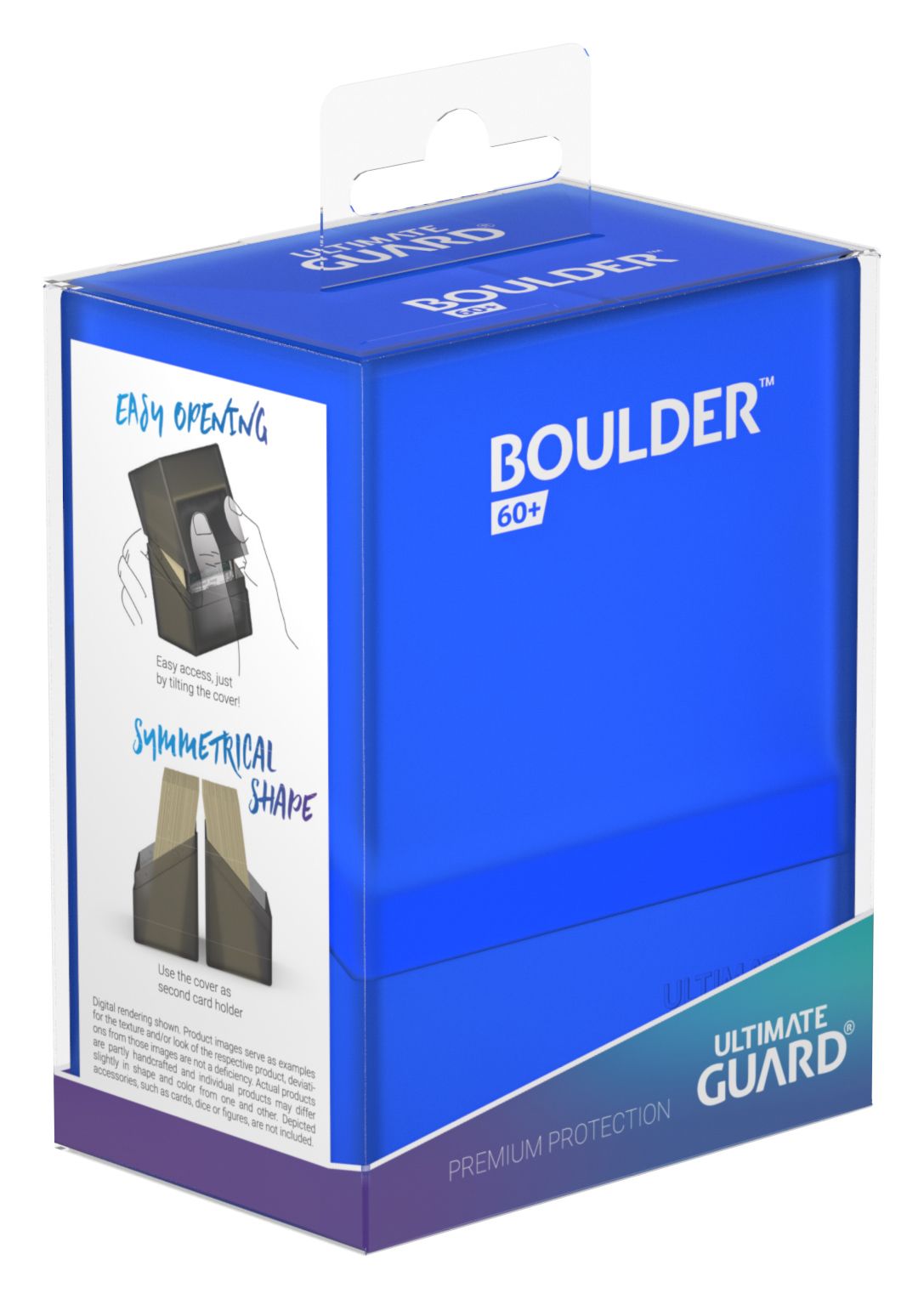 Ultimate Guard Boulder 60+ Deck Case - Sapphire - Bright sapphire blue rectangular deck case with rounded corners and a clear plastic hanging tab.