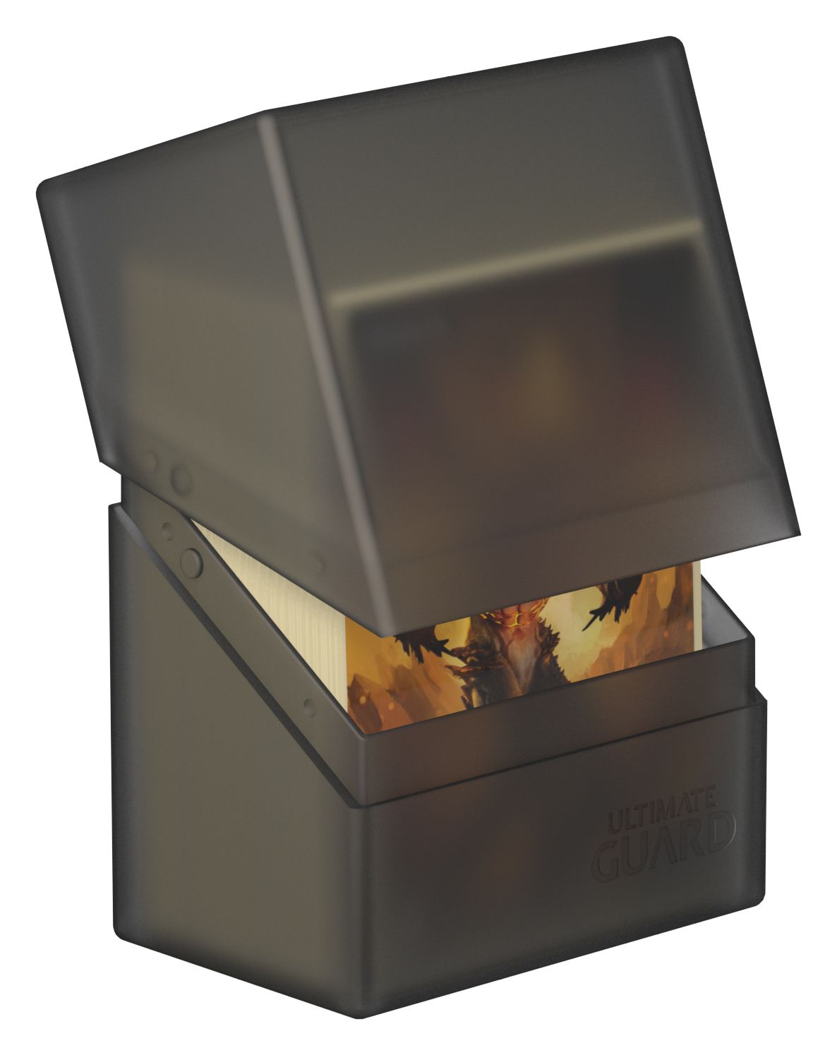 Ultimate Guard Boulder 60+ Deck Case - ONYX - Semi-transparent black plastic deck case with a hinged lid, holding colorful game cards inside.
