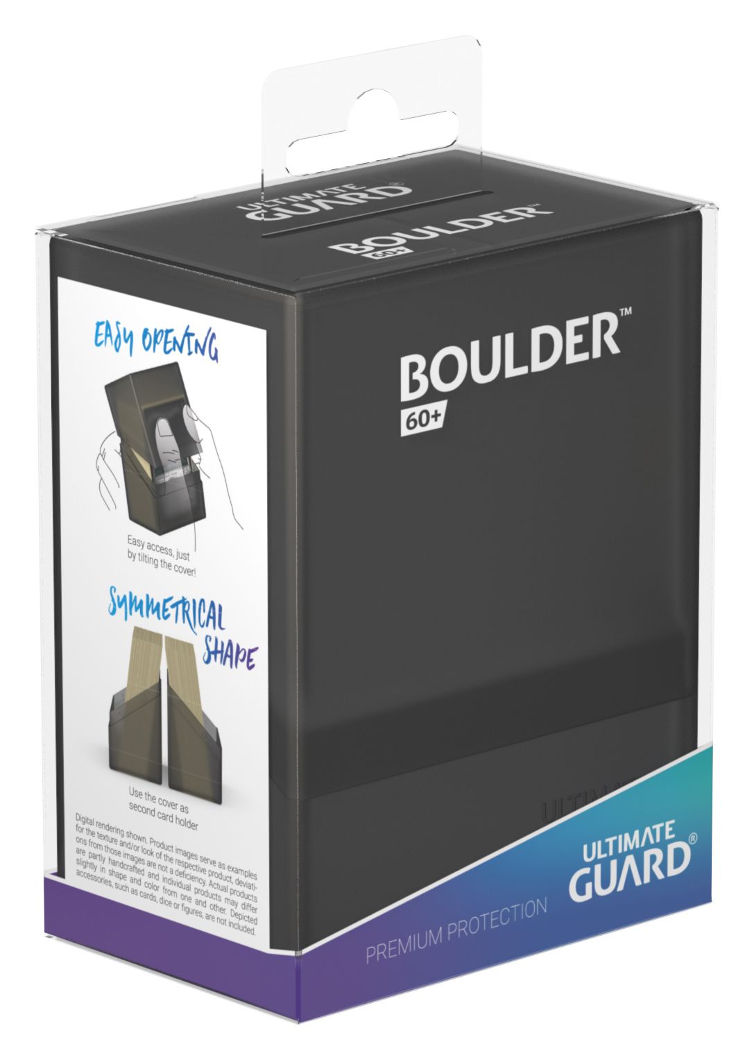 Ultimate Guard Boulder 60+ Deck Case - ONYX - Black rectangular Ultimate Guard Boulder 60+ deck case with translucent sides and protective box packaging.