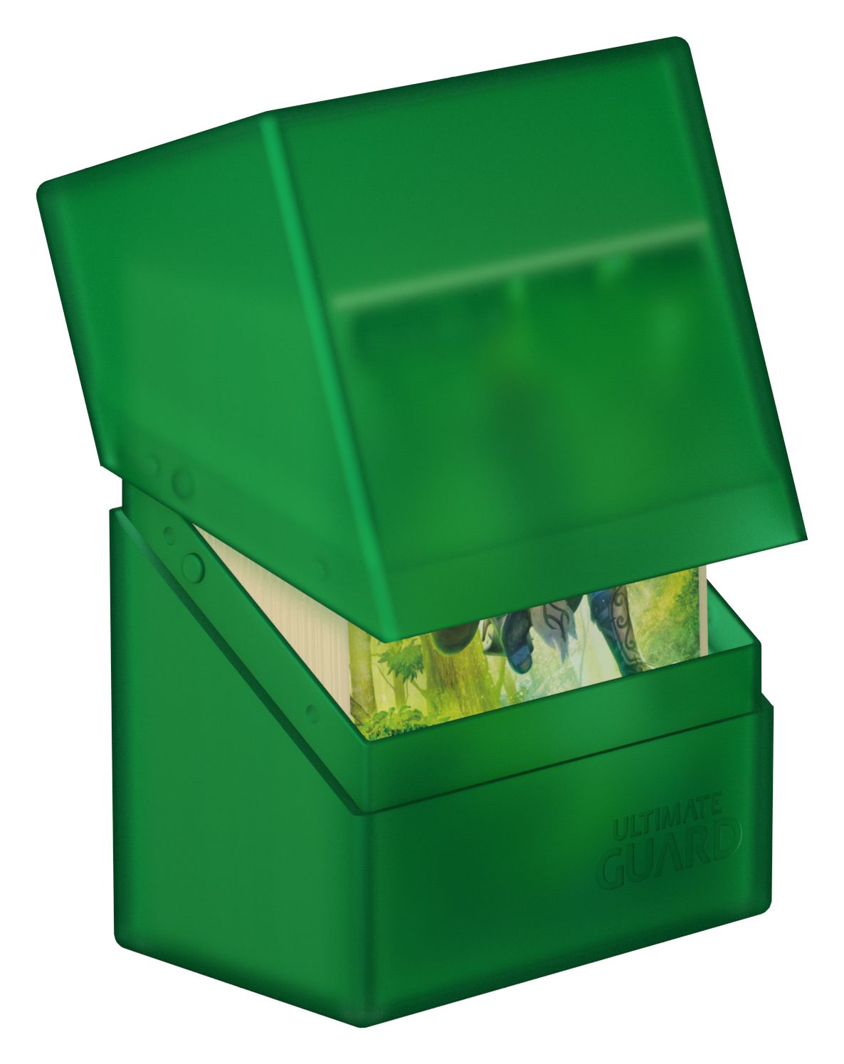 Ultimate Guard Boulder 60+ Deck Case - Emerald - Emerald green Ultimate Guard Boulder 60+ Deck Case with hinged lid partially open showing card edges.
