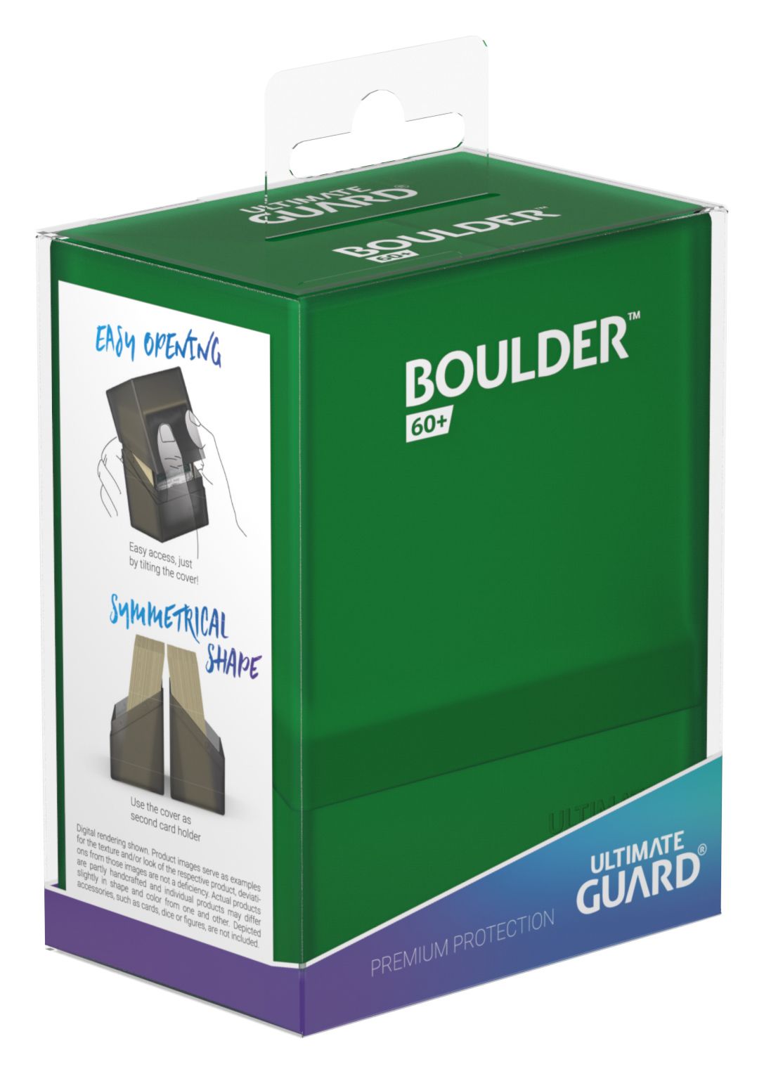 Ultimate Guard Boulder 60+ Deck Case - Emerald - Emerald green Ultimate Guard Boulder 60+ deck case with sturdy plastic construction and packaging box.