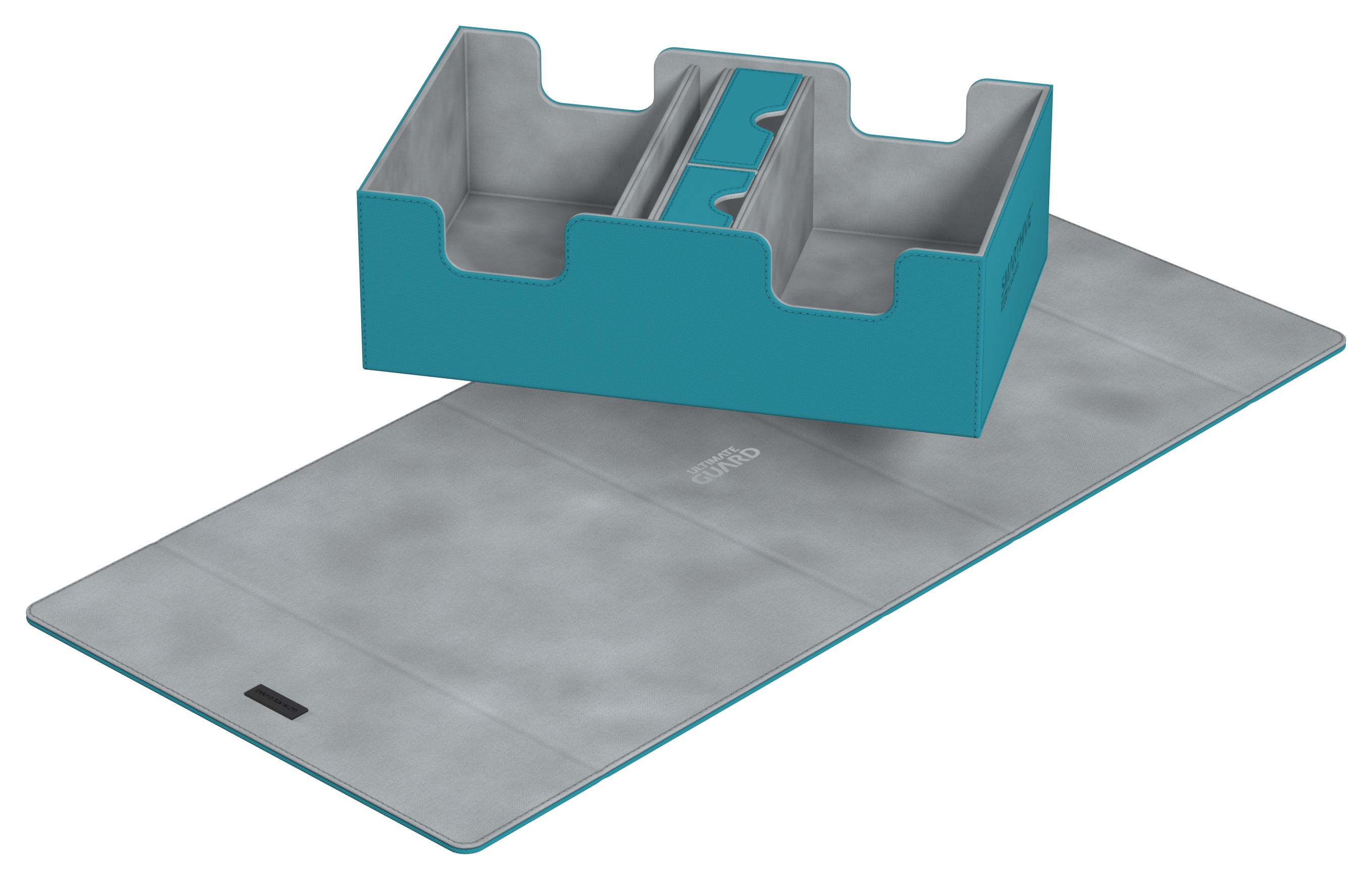 Ultimate Guard Deck Case Smarthive 400+ - Petrol - Petrol-colored deck case with adjustable foam inserts for card protection on gray mat background.