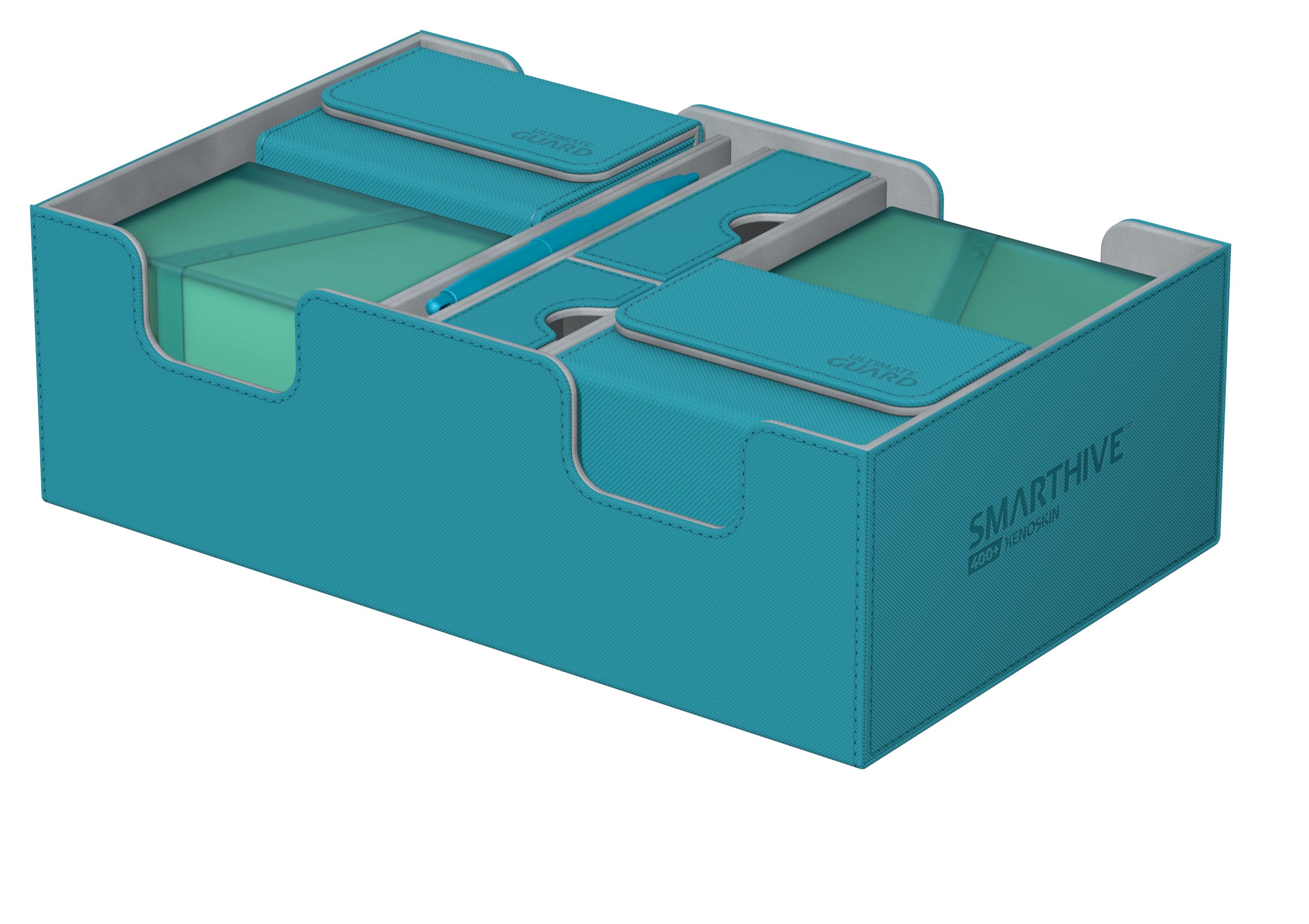 Ultimate Guard Deck Case Smarthive 400+ - Petrol - Petrol blue rectangular card deck case with a transparent top lid and gray latch mechanism.