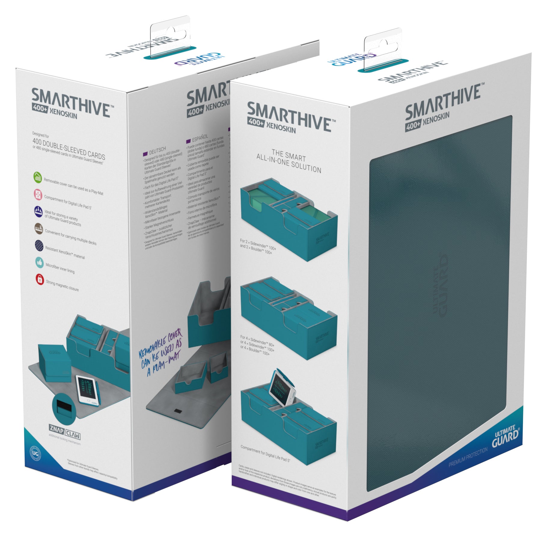 Ultimate Guard Deck Case Smarthive 400+ - Petrol - Tall rectangular box packaging with white and blue design featuring images of a petrol-colored Ultimate Guard Deck Case.