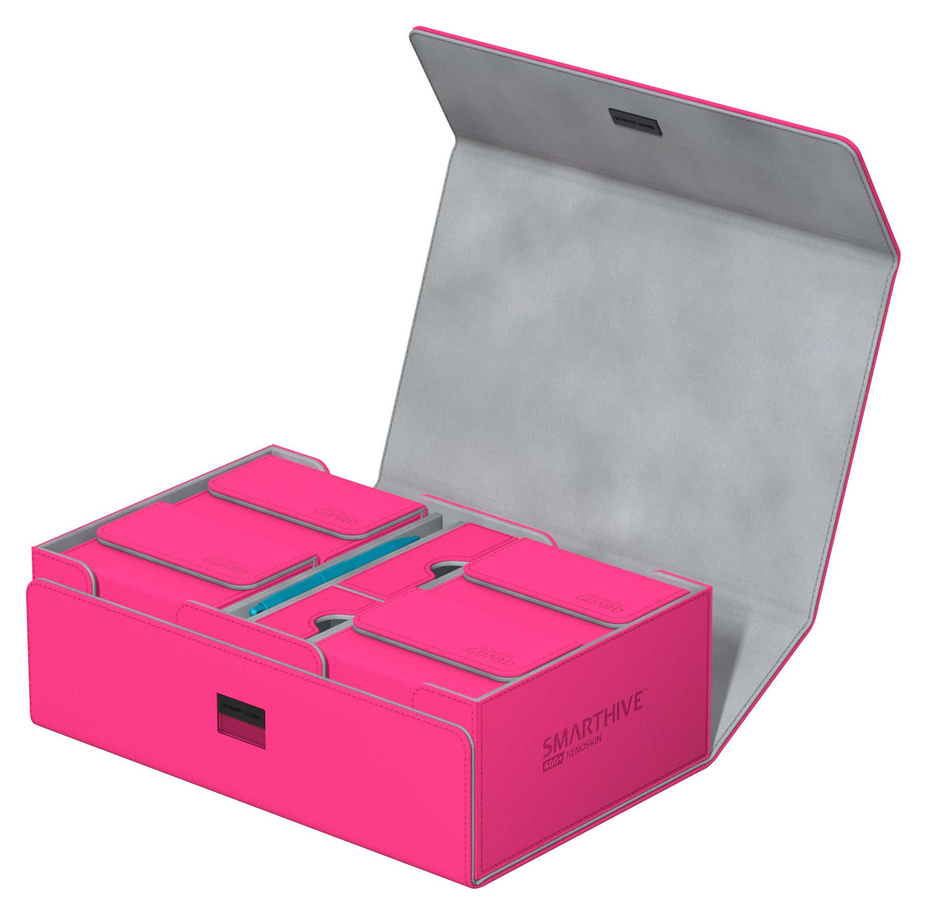 Ultimate Guard Deck Case Smarthive 400+ - Pink - Bright pink Ultimate Guard Deck Case Smarthive 400+ with open lid showing padded compartments for card storage.