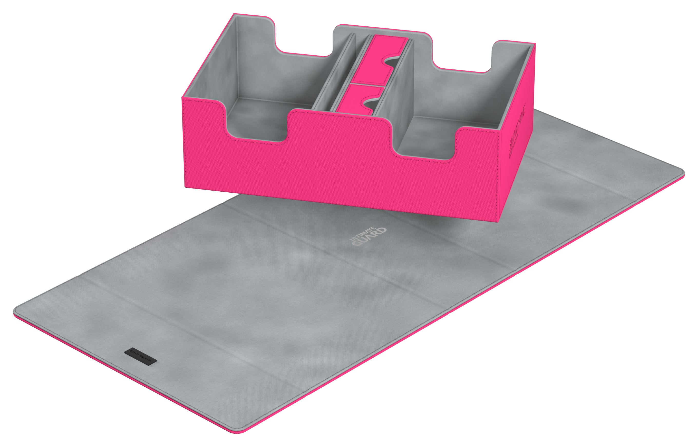 Ultimate Guard Deck Case Smarthive 400+ - Pink - Bright pink rectangular deck box with gray foam inserts and a matching gray playmat beneath it.