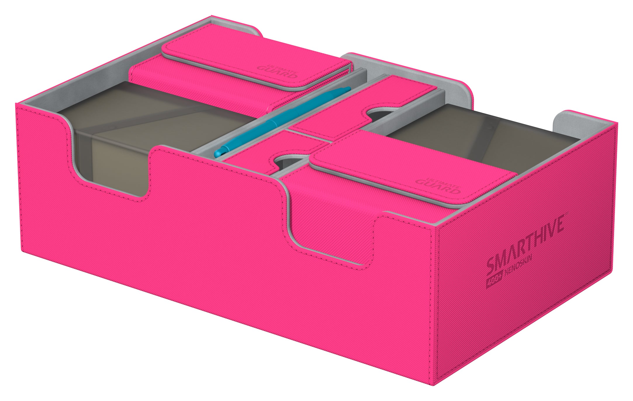 Ultimate Guard Deck Case Smarthive 400+ - Pink - Bright pink rectangular card storage box with segmented compartments and a gray interior lining.