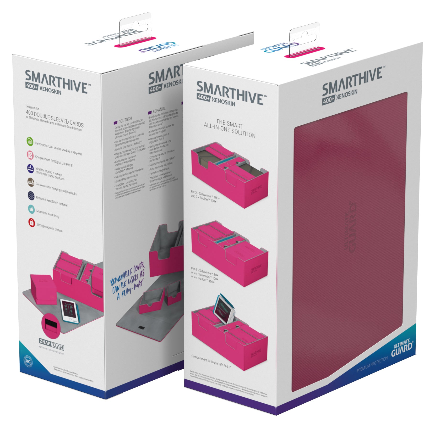 Ultimate Guard Deck Case Smarthive 400+ - Pink - Pink Ultimate Guard Smarthive 400+ deck case for card storage in white and blue retail box.